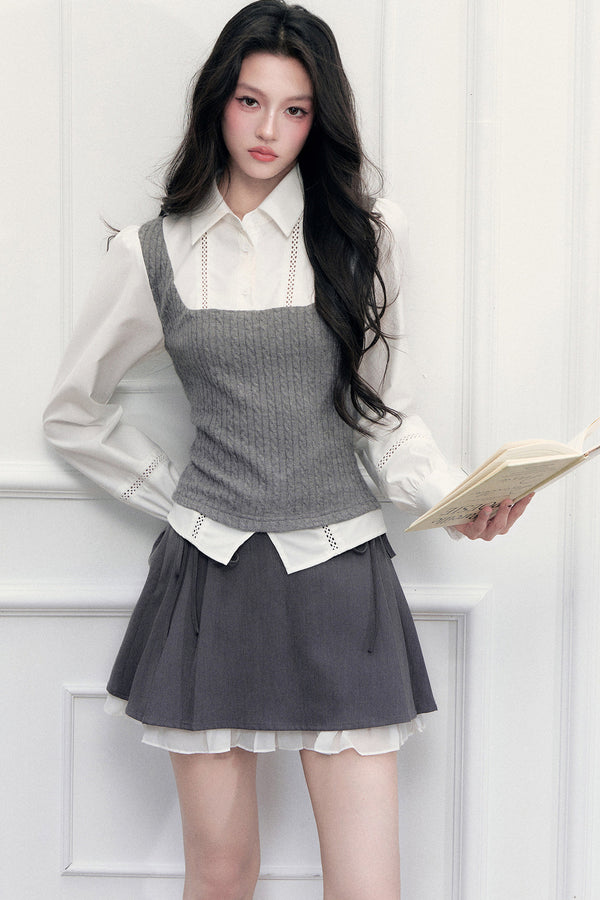 Gray Knit Vest Blouse and Skirt Set-Up
