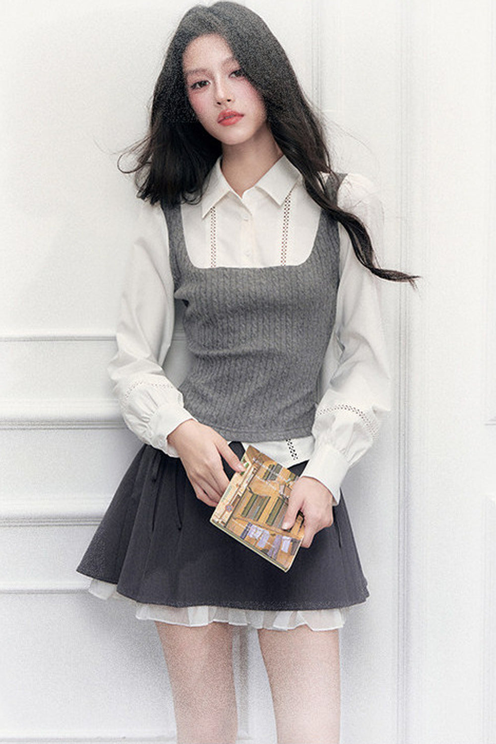 Gray Knit Vest Blouse and Skirt Set-Up