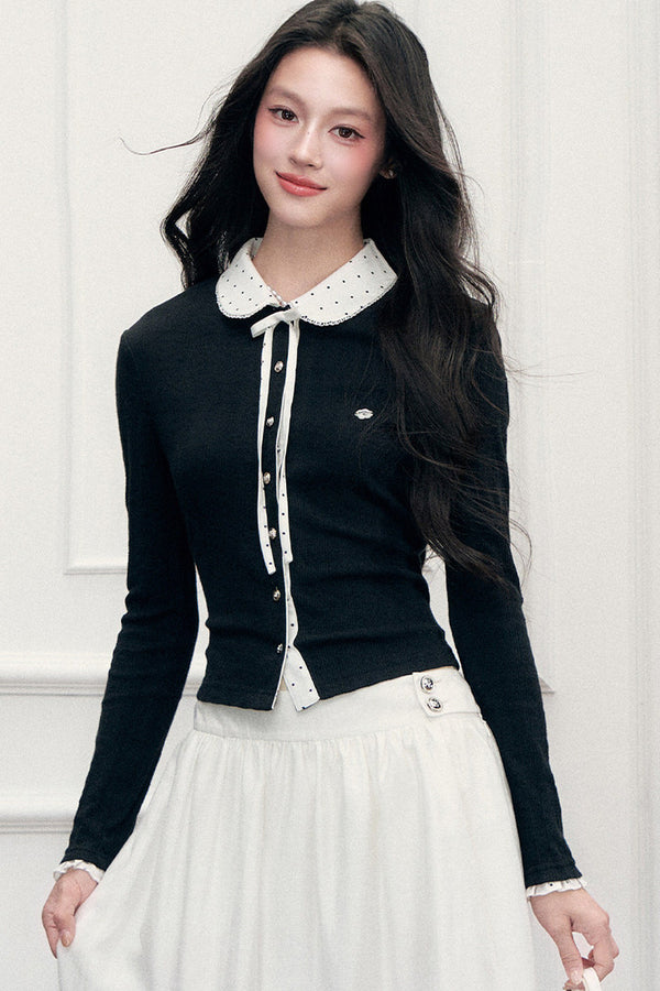 Polka Dot Patchwork Long Sleeve Knit Top and Skirt Set-Up