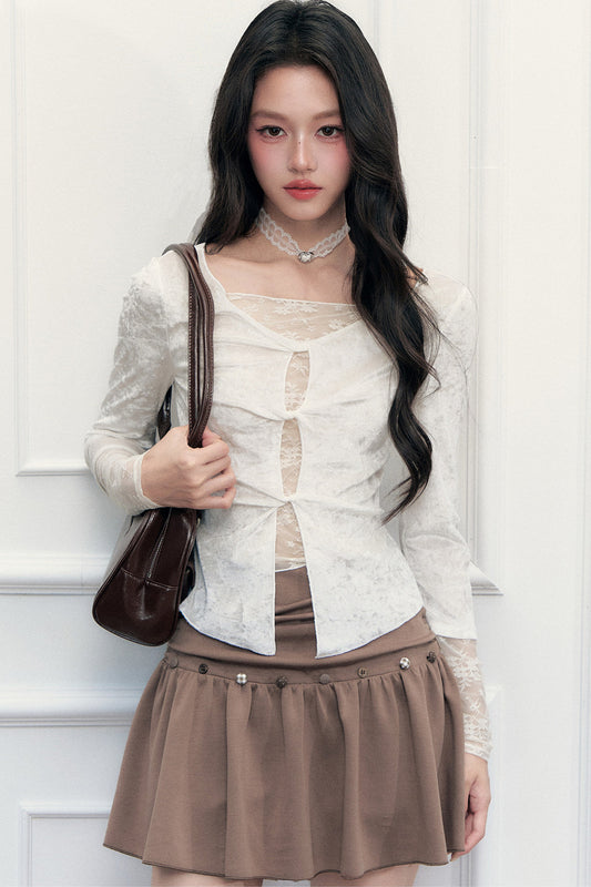 Twisted Hollow Lace Top and Skirt Set-Up