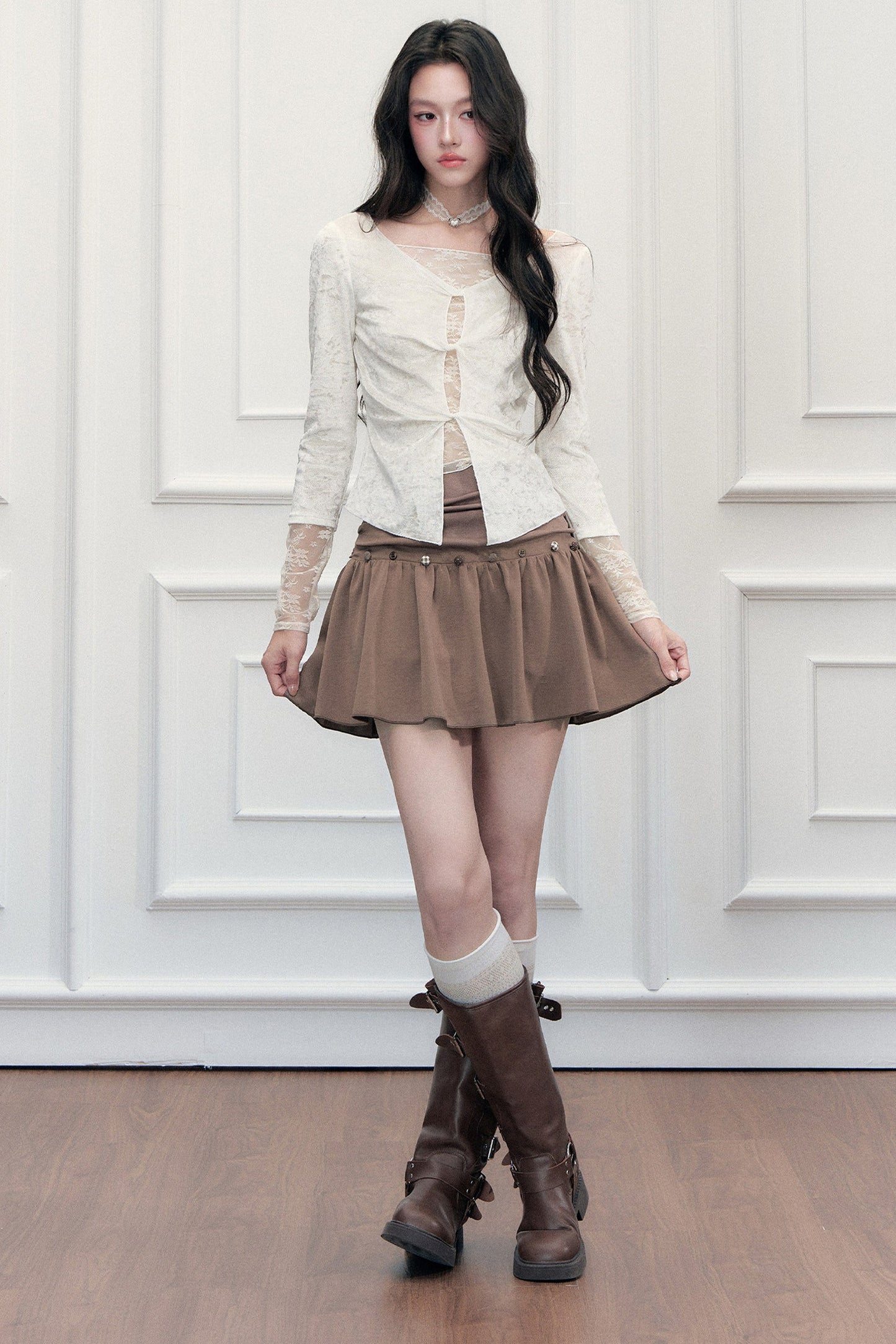 Twisted Hollow Lace Top and Skirt Set-Up