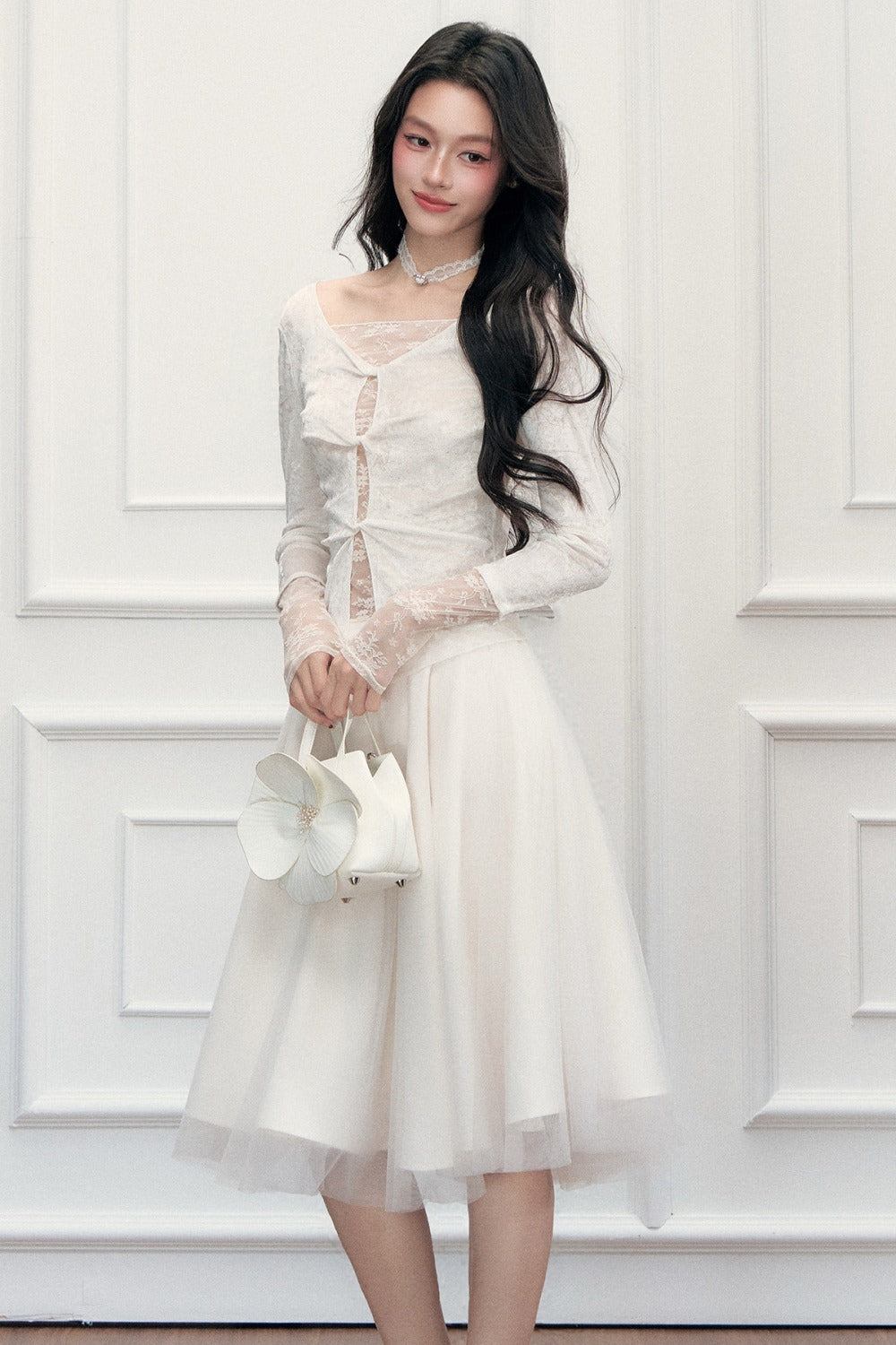 Twisted Hollow Lace Top and Skirt Set-Up