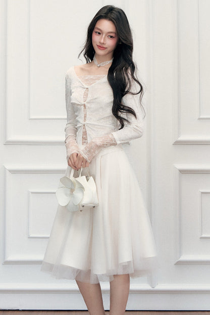 Twisted Hollow Lace Top and Skirt Set-Up