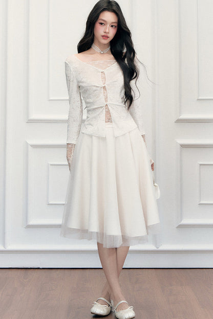 Twisted Hollow Lace Top and Skirt Set-Up
