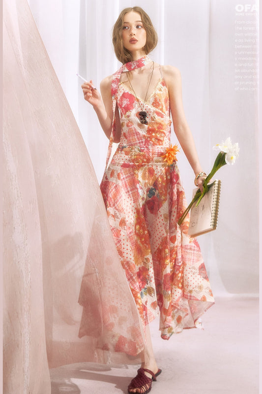 Irregular Hem Floral Lace Print Slip Dress