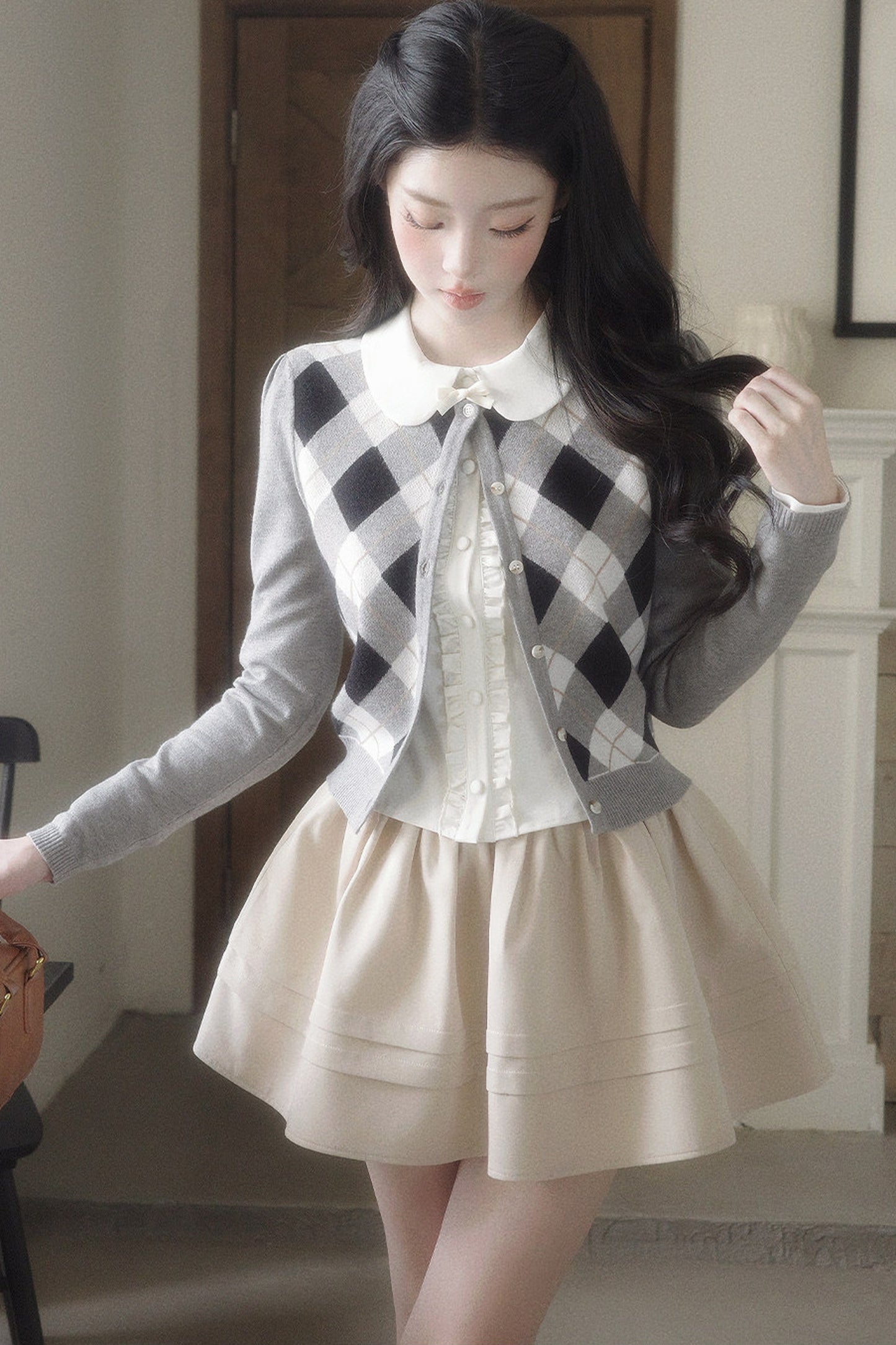 Retro Diamond Knit Cardigan Set-Up