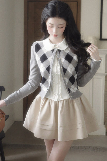 Retro Diamond Knit Cardigan Set-Up