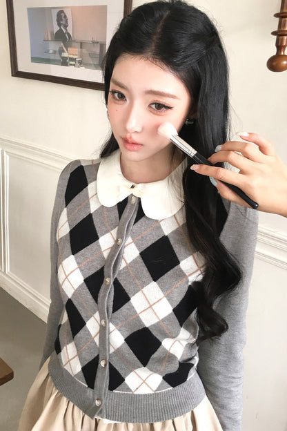 Retro Diamond Knit Cardigan Set-Up