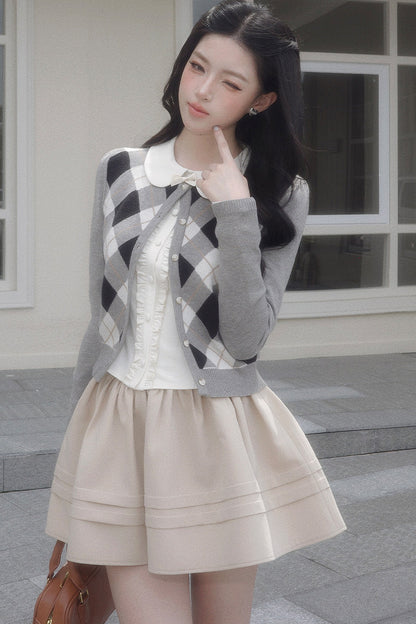 Retro Diamond Knit Cardigan Set-Up
