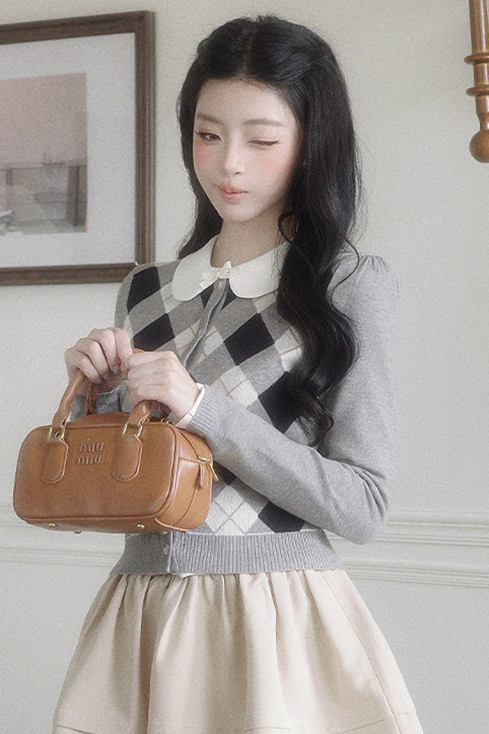 Retro Diamond Knit Cardigan Set-Up