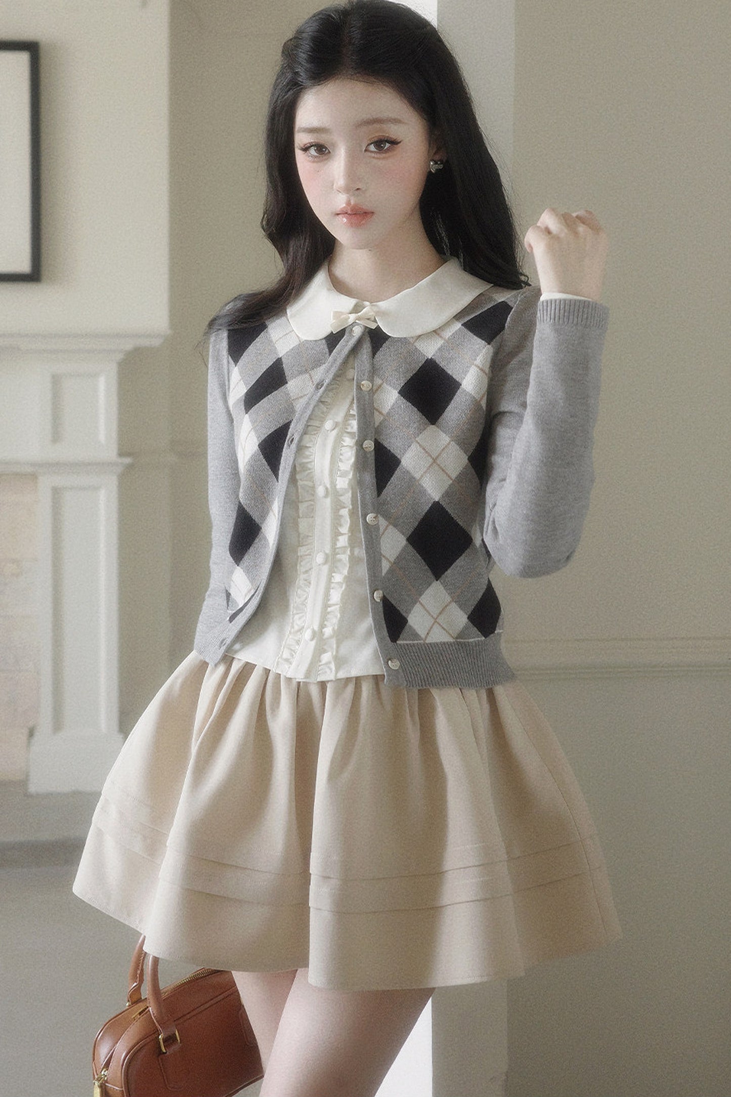 Retro Diamond Knit Cardigan Set-Up