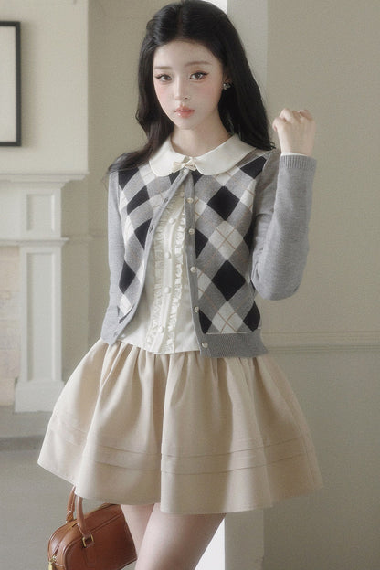 Retro Diamond Knit Cardigan Set-Up