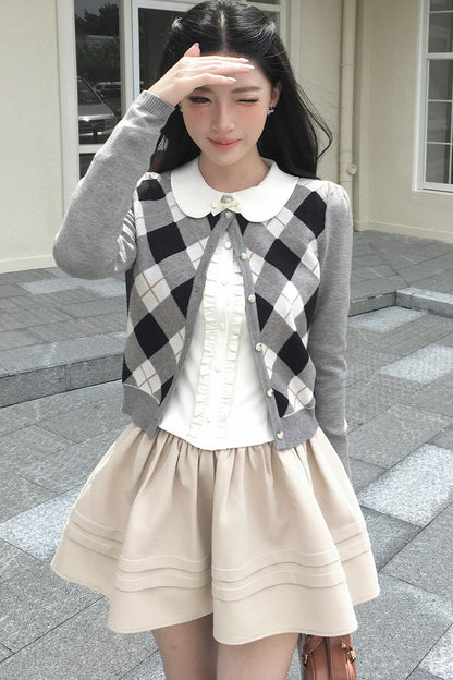 Retro Diamond Knit Cardigan Set-Up