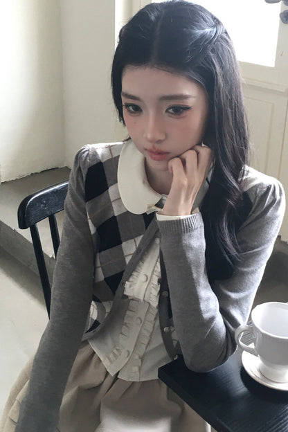 Retro Diamond Knit Cardigan Set-Up