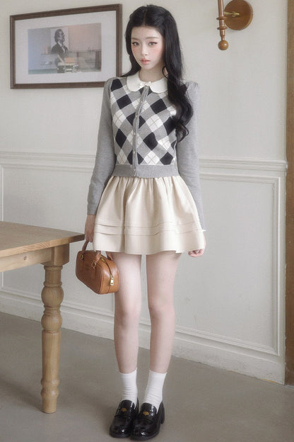 Retro Diamond Knit Cardigan Set-Up
