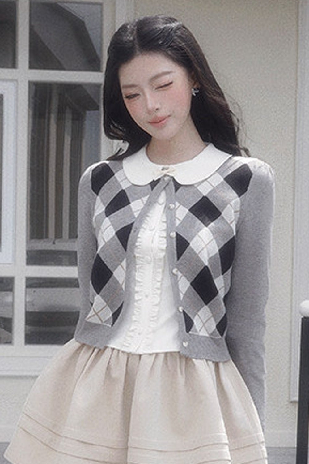 Retro Diamond Knit Cardigan Set-Up