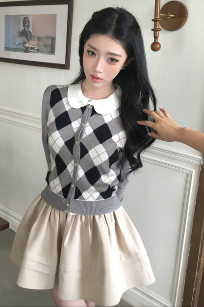 Retro Diamond Knit Cardigan Set-Up