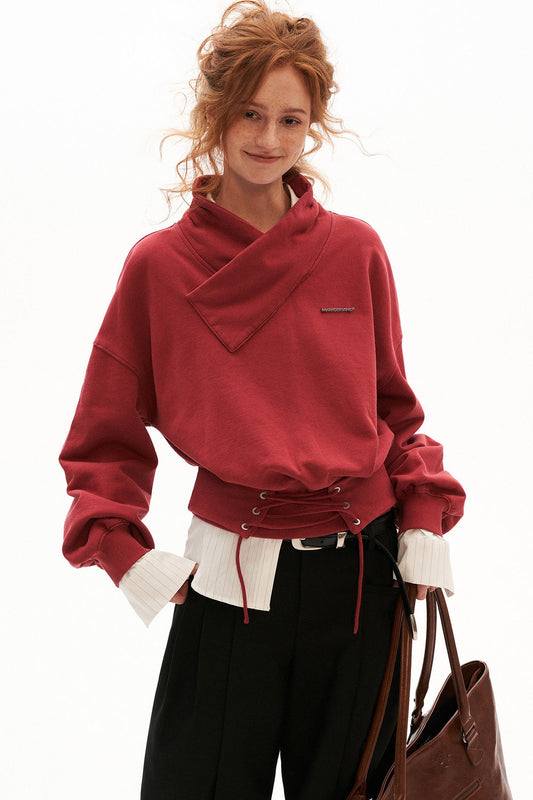 Cotton Cross-Neck Tie-Waist Pullover Sweatshirt
