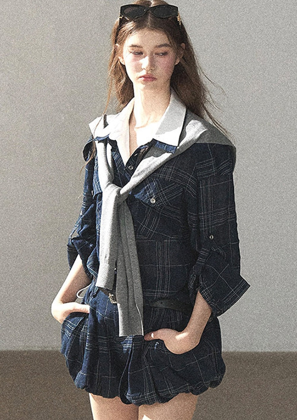 Plaid Layered-Look Shirt And Shorts Set-Up