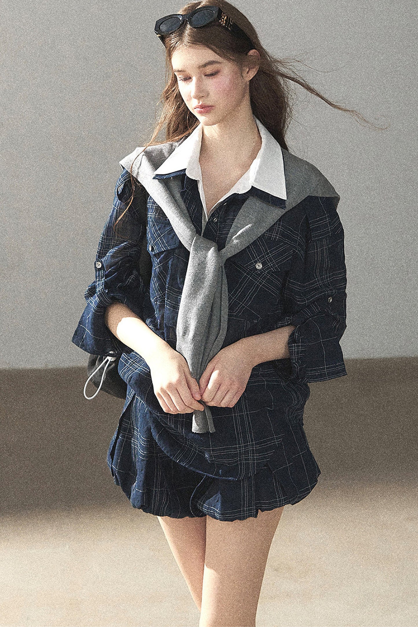 Plaid Layered-Look Shirt And Shorts Set-Up
