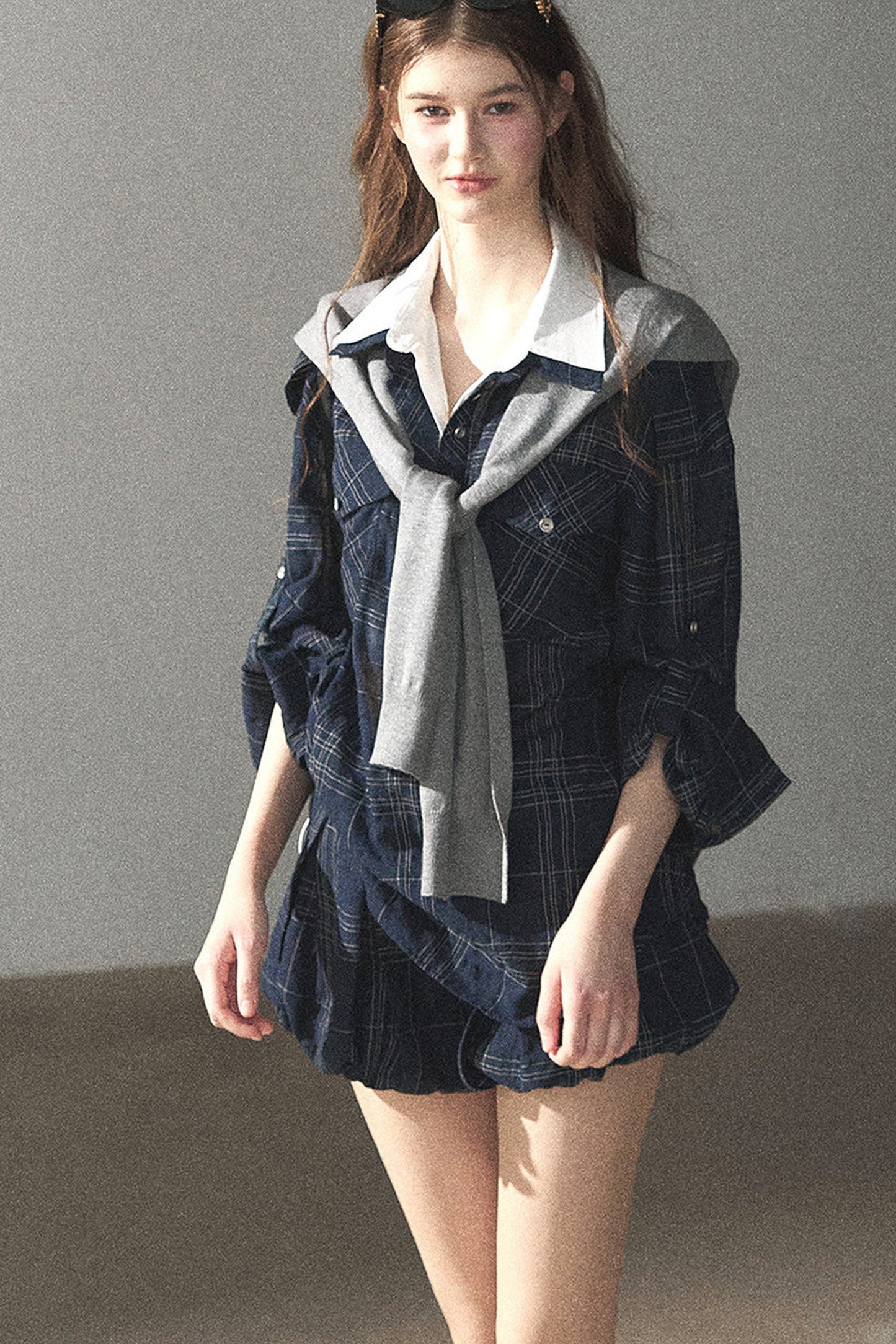 Plaid Layered-Look Shirt And Shorts Set-Up