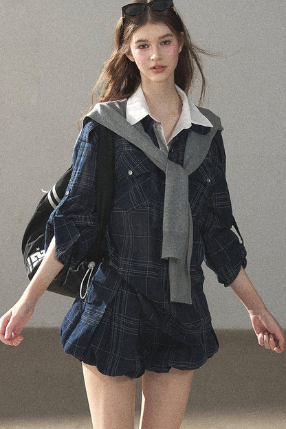 Plaid Layered-Look Shirt And Shorts Set-Up