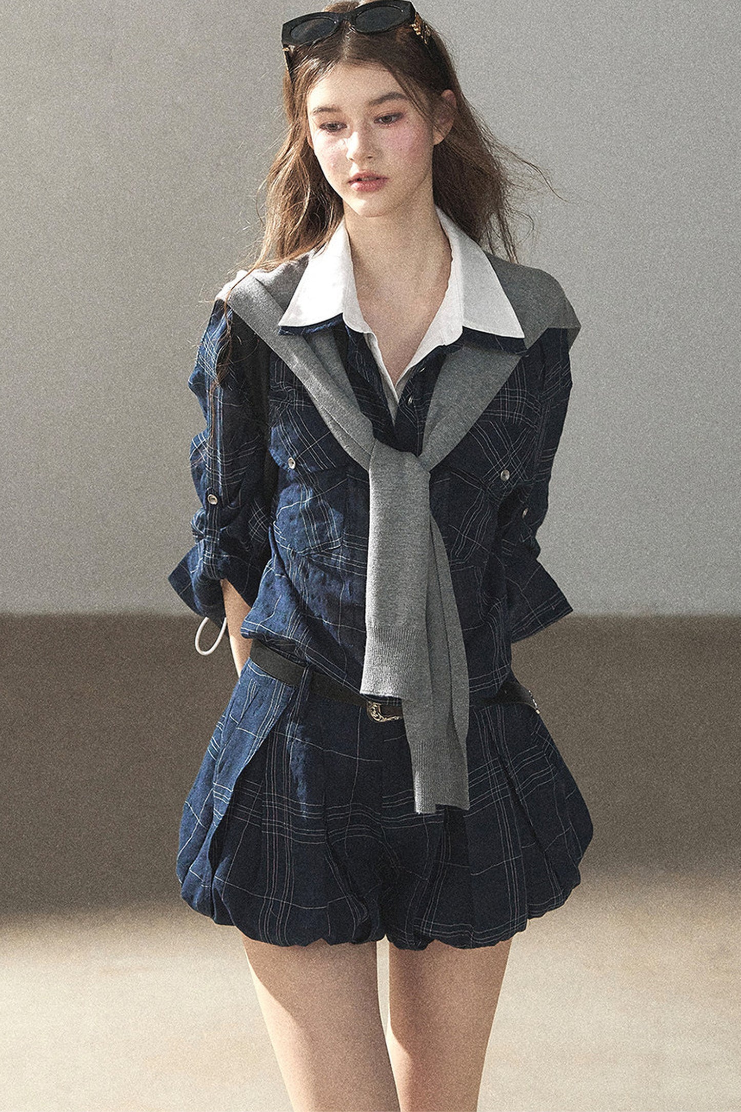 Plaid Layered-Look Shirt And Shorts Set-Up