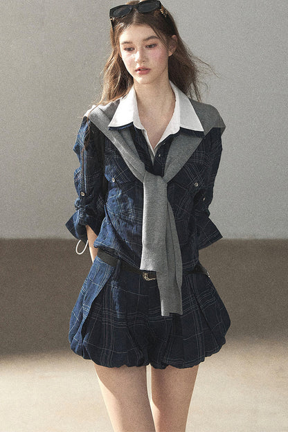 Plaid Layered-Look Shirt And Shorts Set-Up