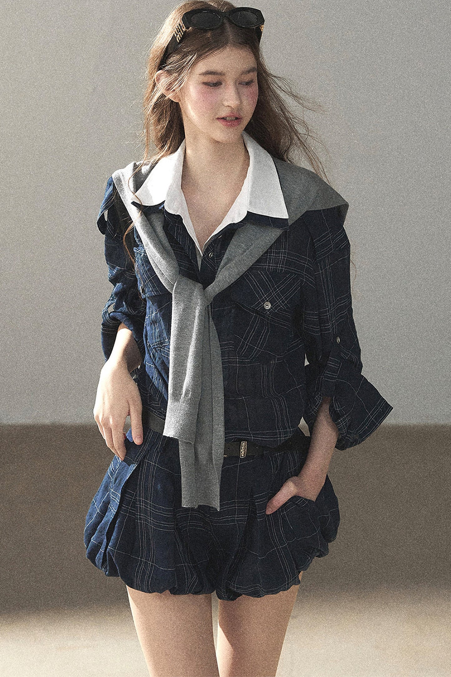 Plaid Layered-Look Shirt And Shorts Set-Up