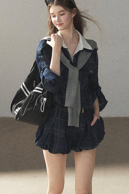 Plaid Layered-Look Shirt And Shorts Set-Up