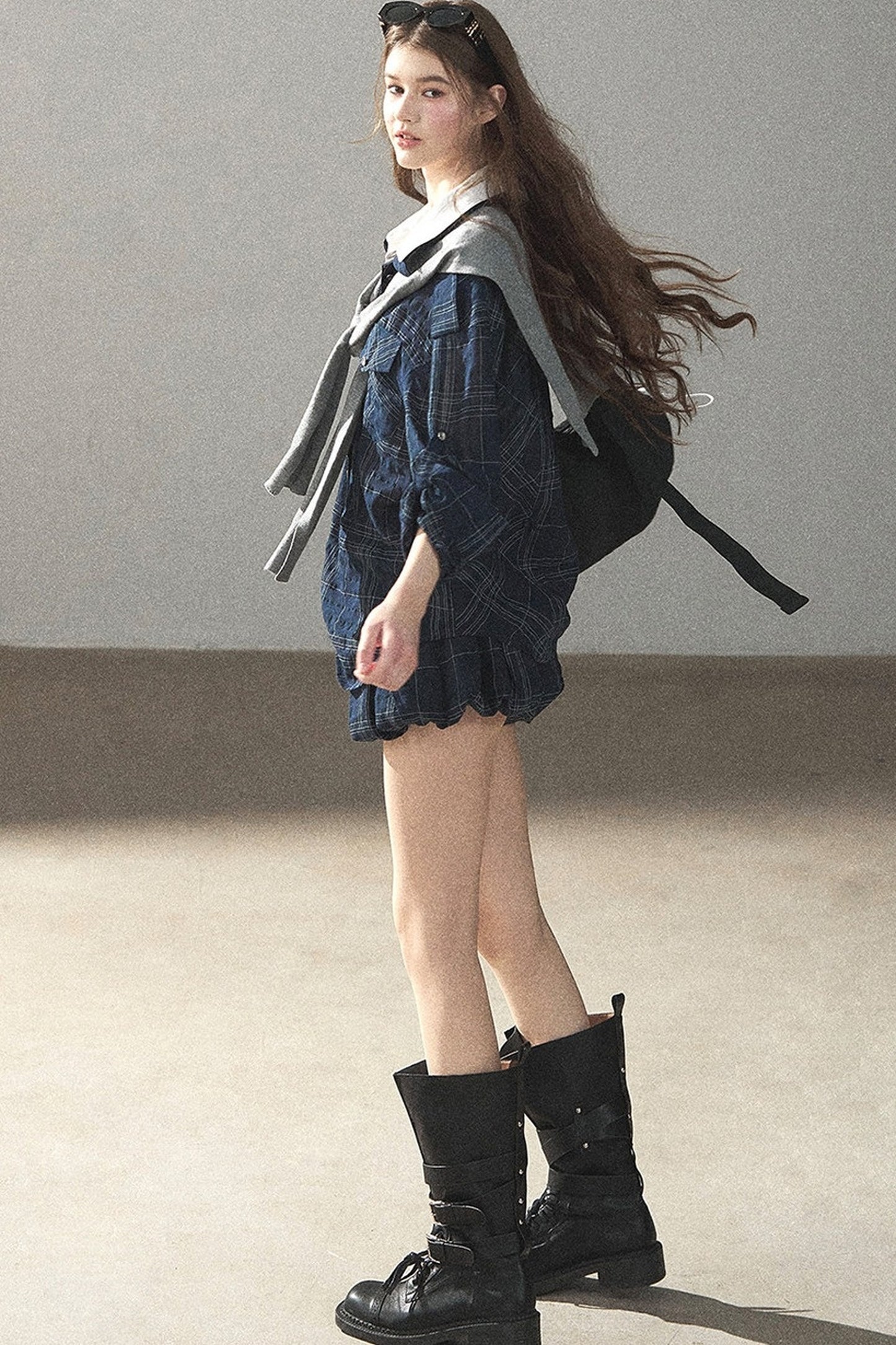Plaid Layered-Look Shirt And Shorts Set-Up