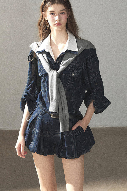 Plaid Layered-Look Shirt And Shorts Set-Up