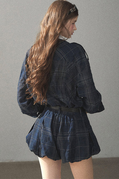Plaid Layered-Look Shirt And Shorts Set-Up