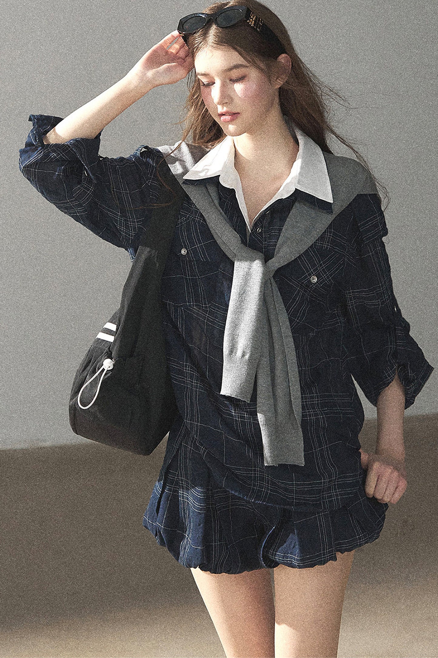 Plaid Layered-Look Shirt And Shorts Set-Up