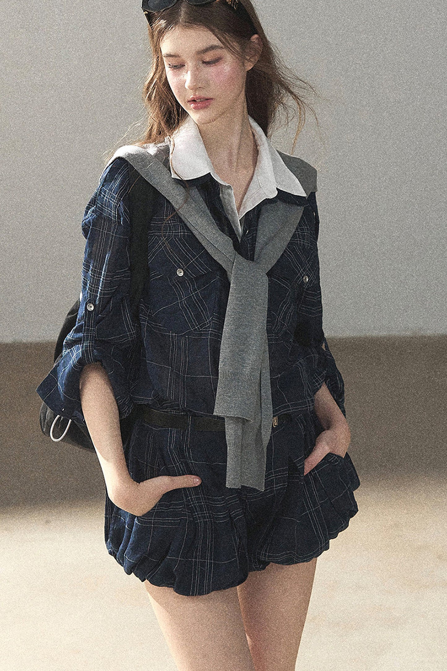 Plaid Layered-Look Shirt And Shorts Set-Up