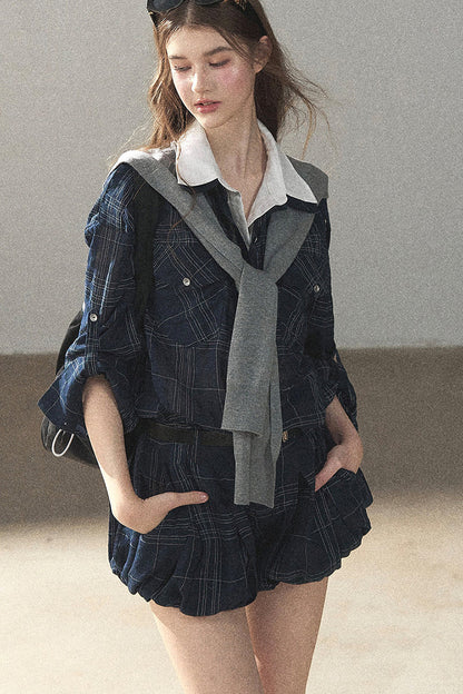Plaid Layered-Look Shirt And Shorts Set-Up