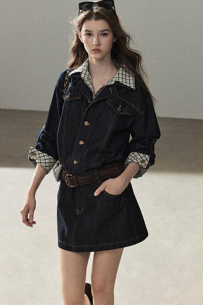 Completo con abito in denim imbottito effetto stratificato