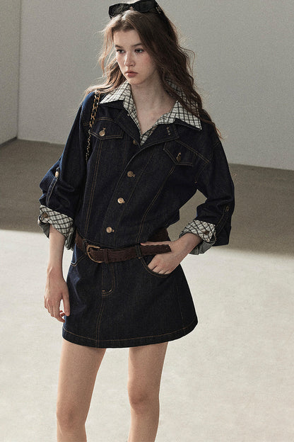 Completo con abito in denim imbottito effetto stratificato