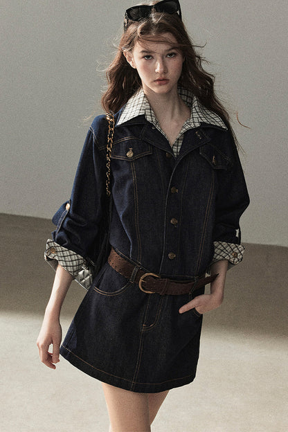 Completo con abito in denim imbottito effetto stratificato