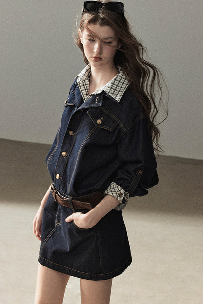 Completo con abito in denim imbottito effetto stratificato