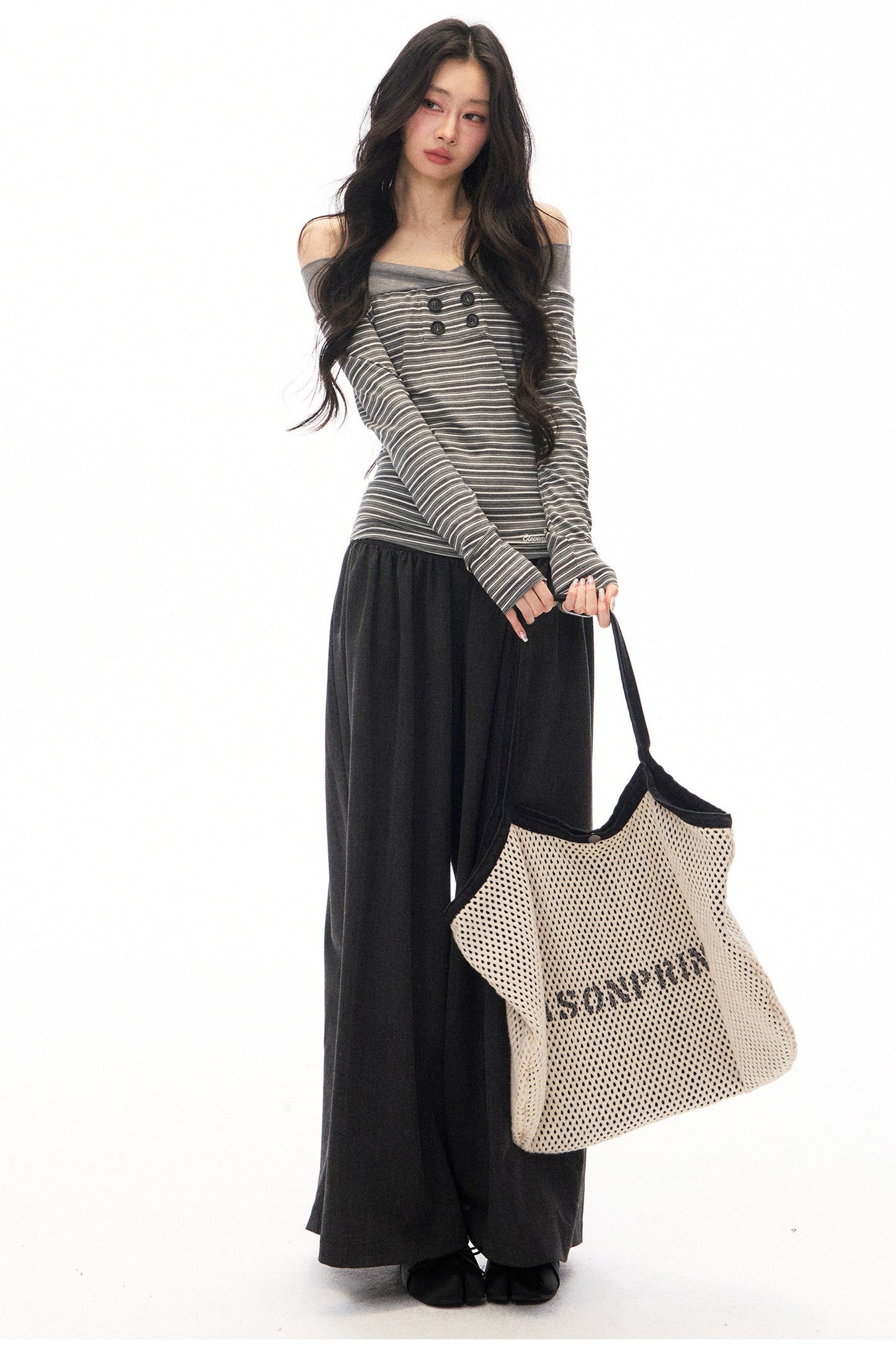 Gray Loose Wide-Leg Pants and Top Set-Up