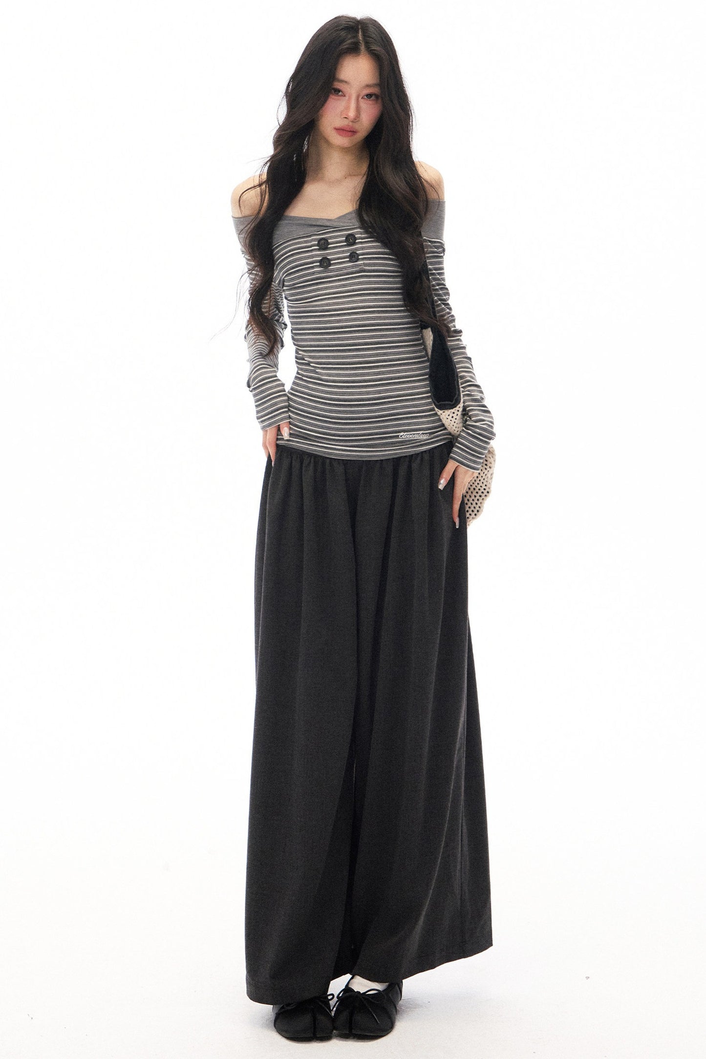Gray Loose Wide-Leg Pants and Top Set-Up
