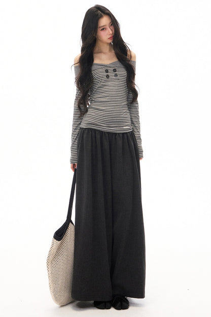 Gray Loose Wide-Leg Pants and Top Set-Up