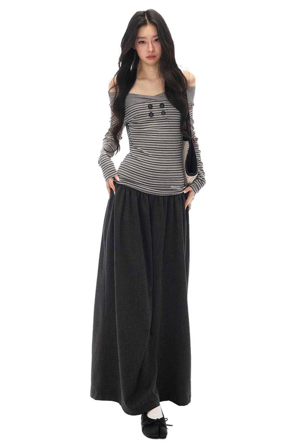 Gray Loose Wide-Leg Pants and Top Set-Up