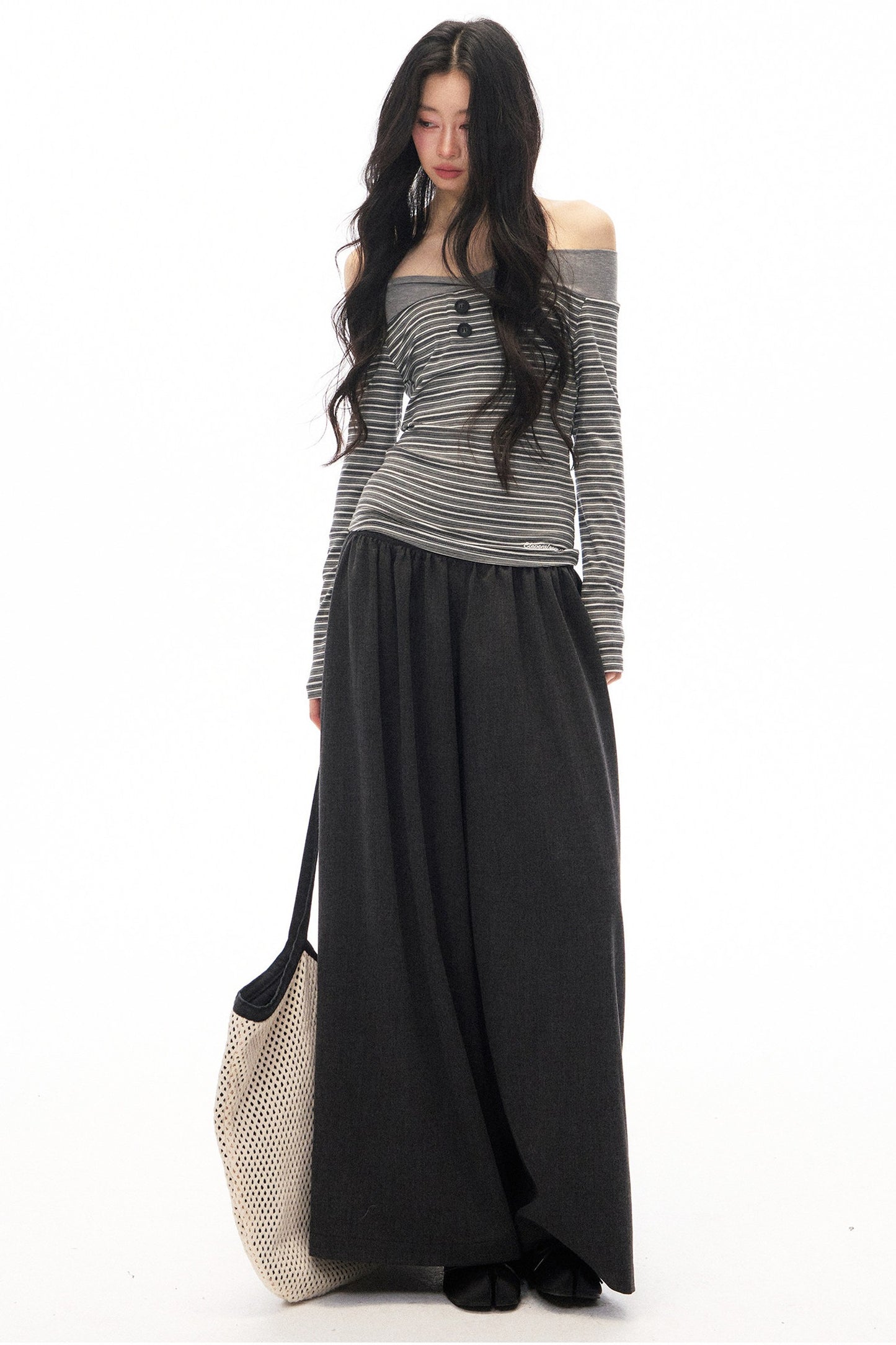 Gray Loose Wide-Leg Pants and Top Set-Up