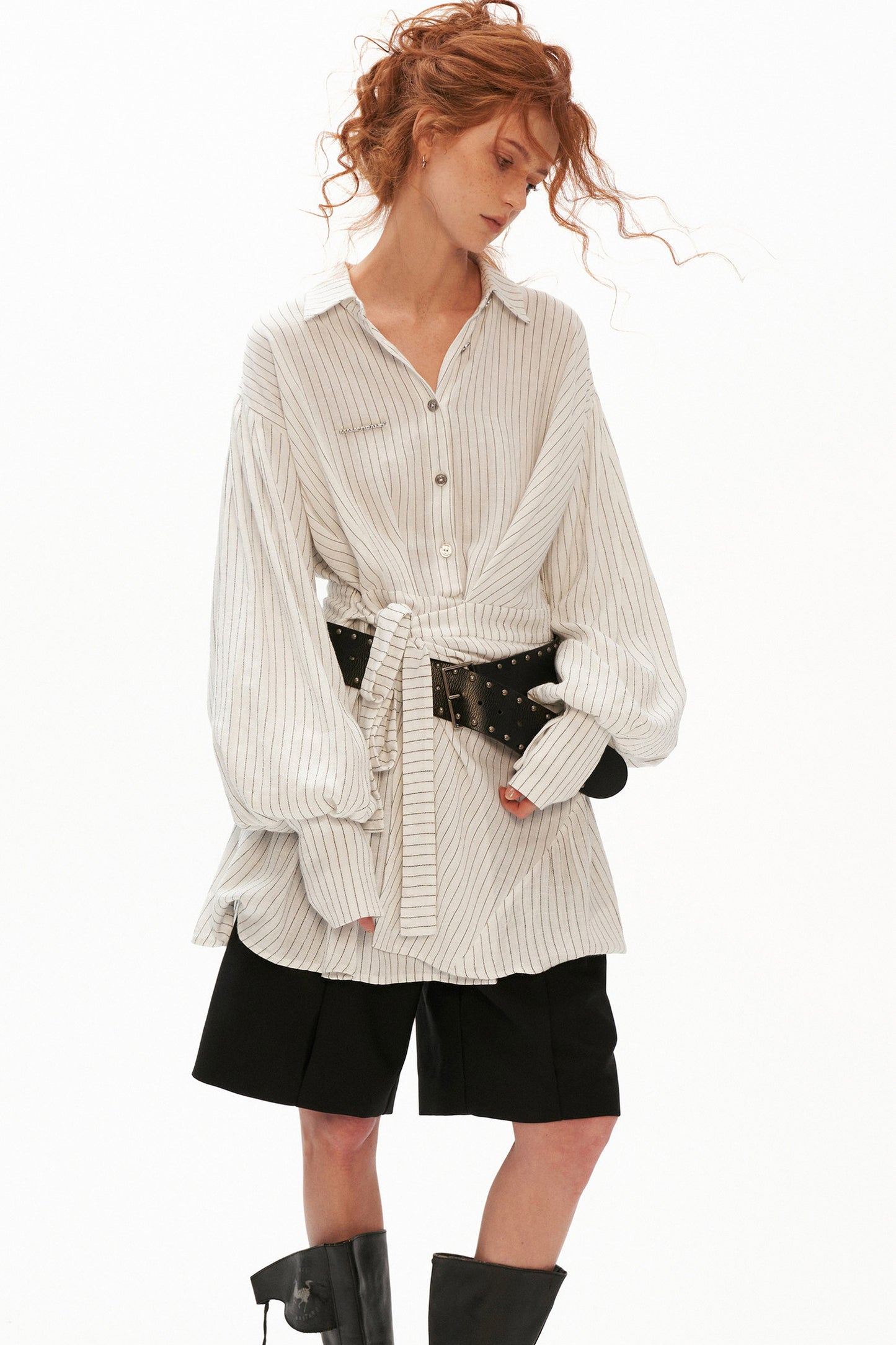 Striped Lantern Sleeve Tie Belt Shirt