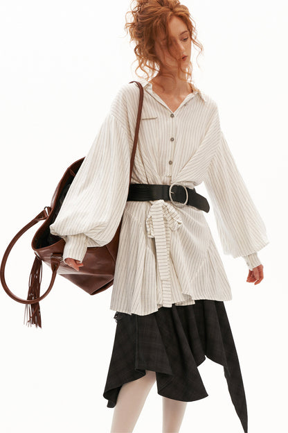 Striped Lantern Sleeve Tie Belt Shirt