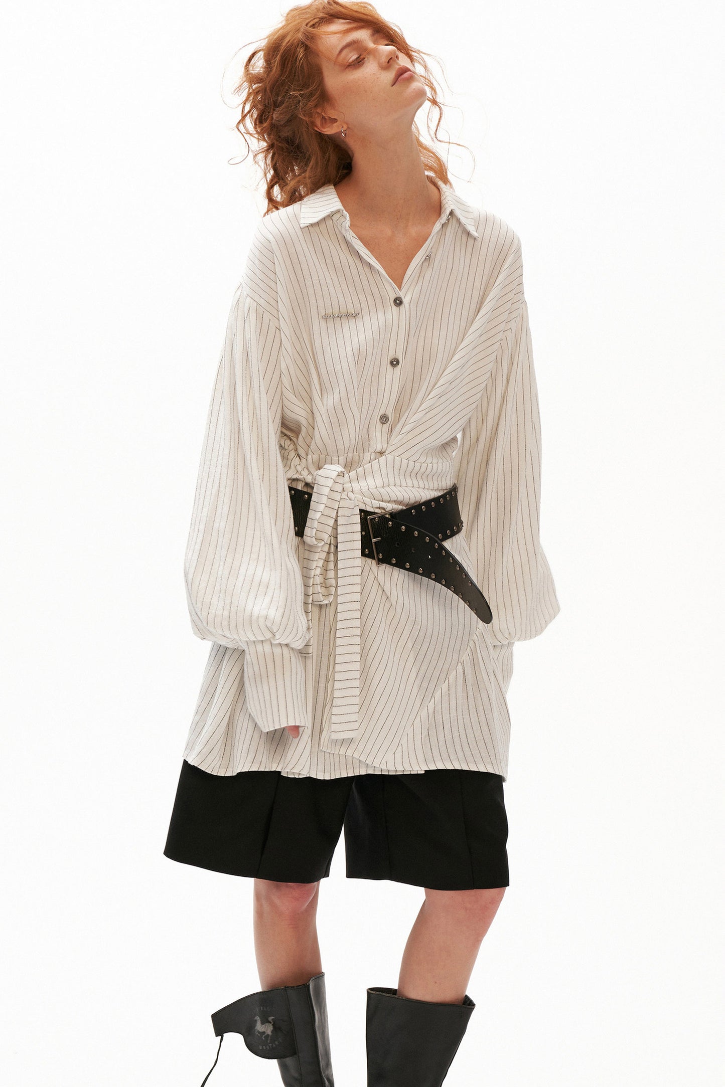 Striped Lantern Sleeve Tie Belt Shirt