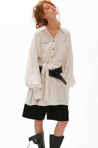 Striped Lantern Sleeve Tie Belt Shirt