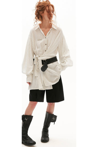Striped Lantern Sleeve Tie Belt Shirt